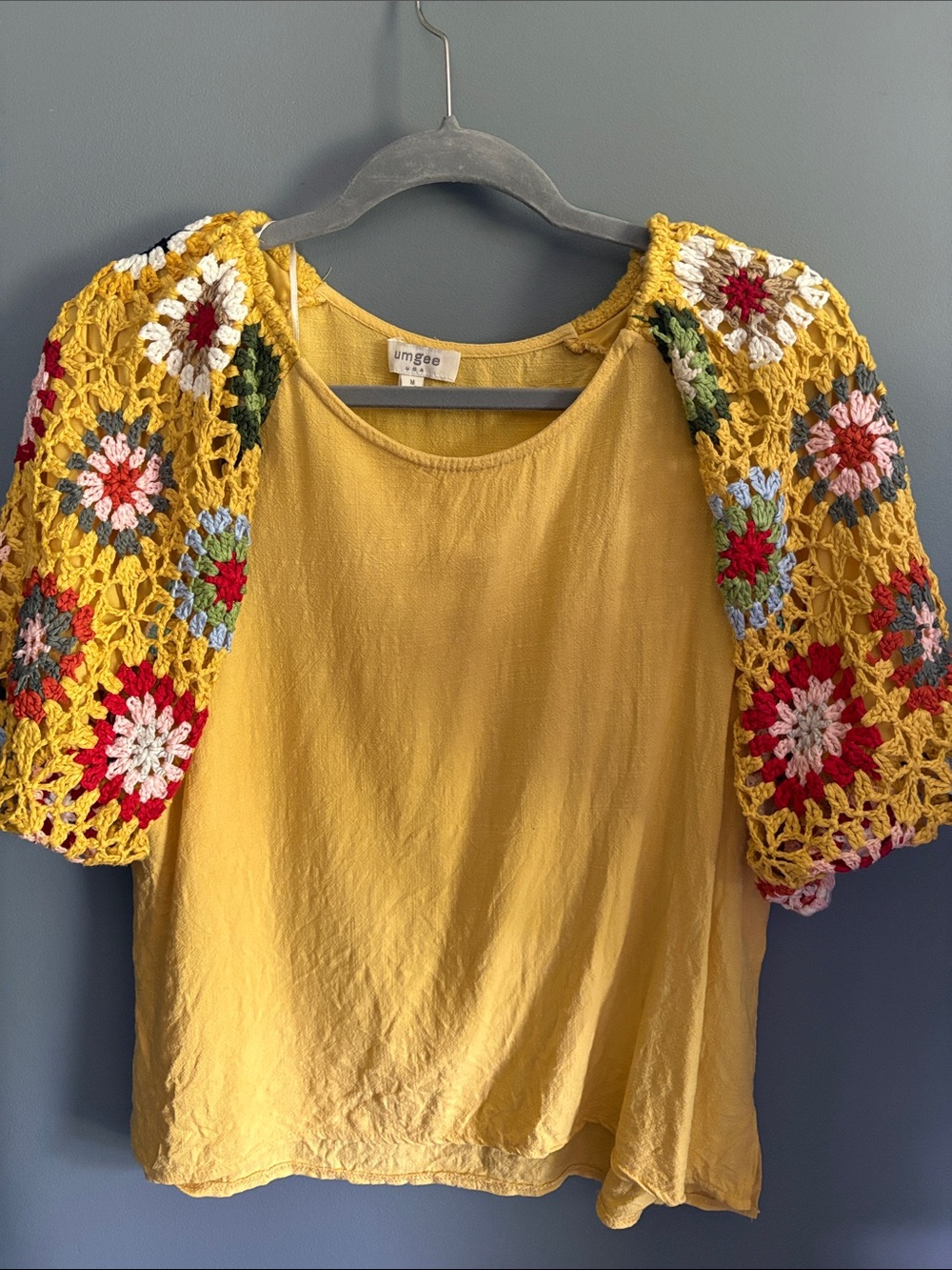 Umgee Yellow Top with Multicolor Crochet Puff Sleeves